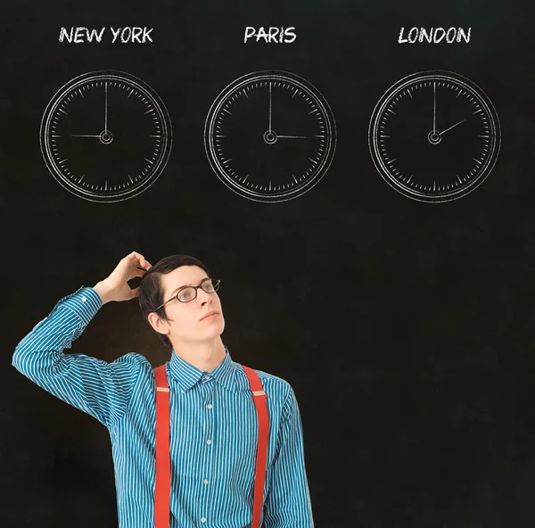 Blbeček geek podnikatel čas rozdíl tabule pozadí — Stock fotografie