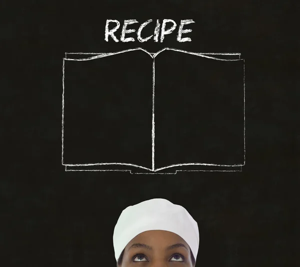 Chef avec livre de recettes sur fond de menu tableau noir craie — Photo