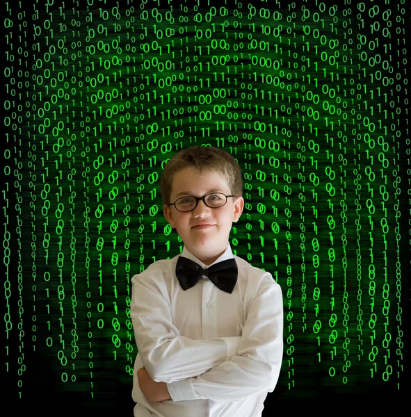 Boy, businessman student teacher with binary on background — Stock Photo, Image