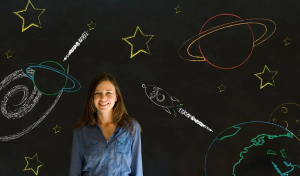 Businessman, student or teacher with chalk space travel background — Stock Photo, Image