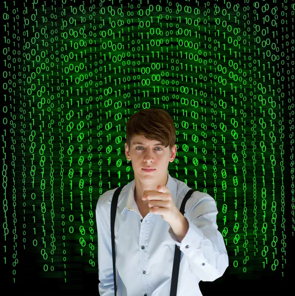 Businessman or teacher with binary on background — Stock Photo, Image