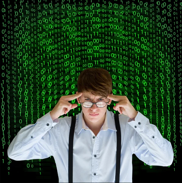 Businessman or teacher with binary on background — Stock Photo, Image