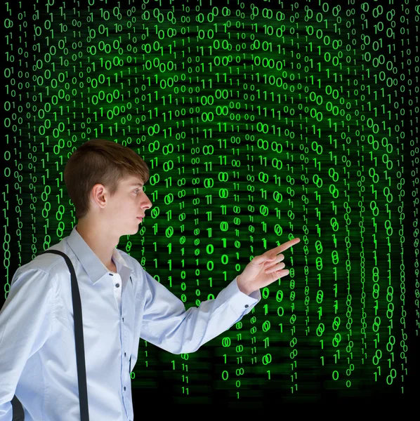 Businessman or teacher with binary on background — Stock Photo, Image