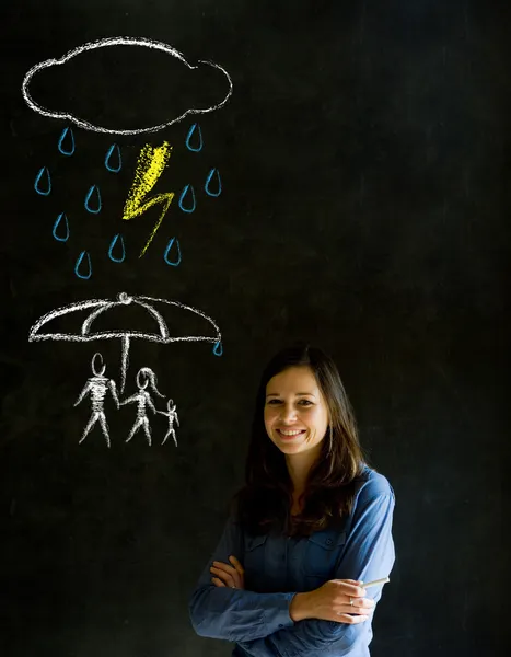 Woman Teacher thinking about protecting family from natural disaster on blackboard background — Stock Photo, Image