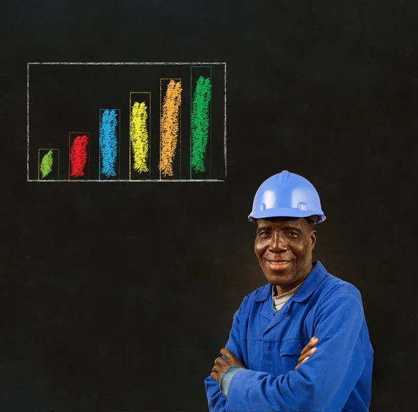 Trabajador negro afroamericano con gráfico de barra de tiza sobre fondo de pizarra — Foto de Stock