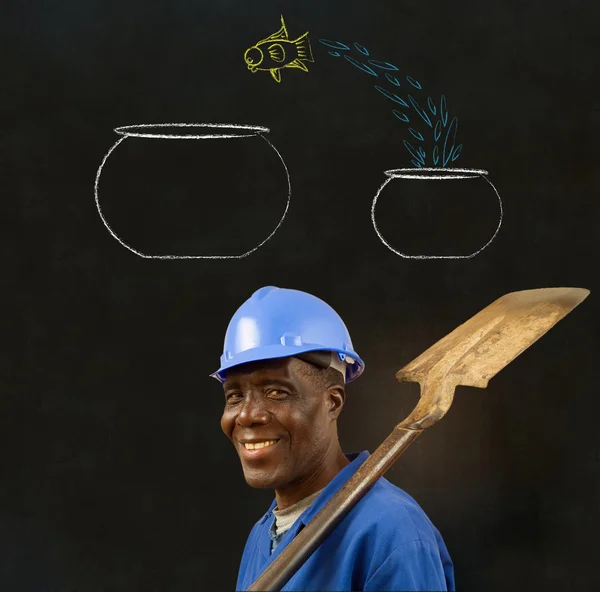 African black man worker with chalk jumping fish bowls background — Stock Photo, Image
