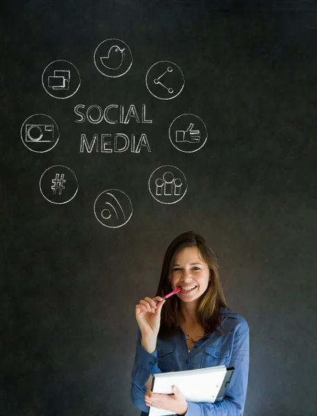 Business woman or teacher with social media icons chalk blackboard background — Stock Photo, Image