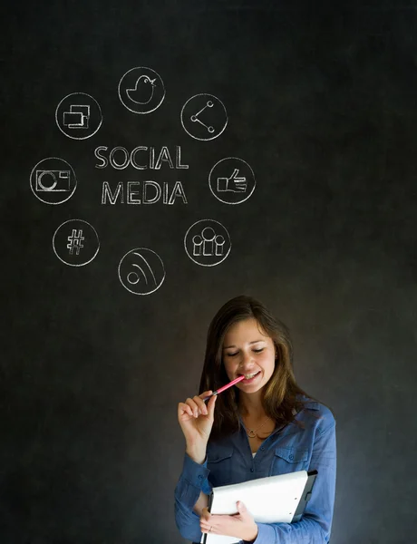 Business woman or teacher with social media icons chalk blackboard background — Stock Photo, Image