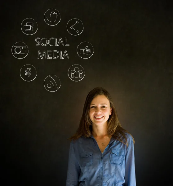 Business woman or teacher with social media icons chalk blackboard background — Stock Photo, Image