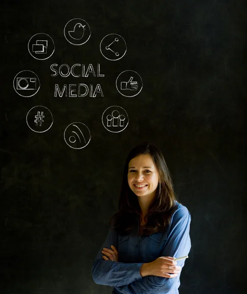 Business woman or teacher with social media icons chalk blackboard background — Stock Photo, Image