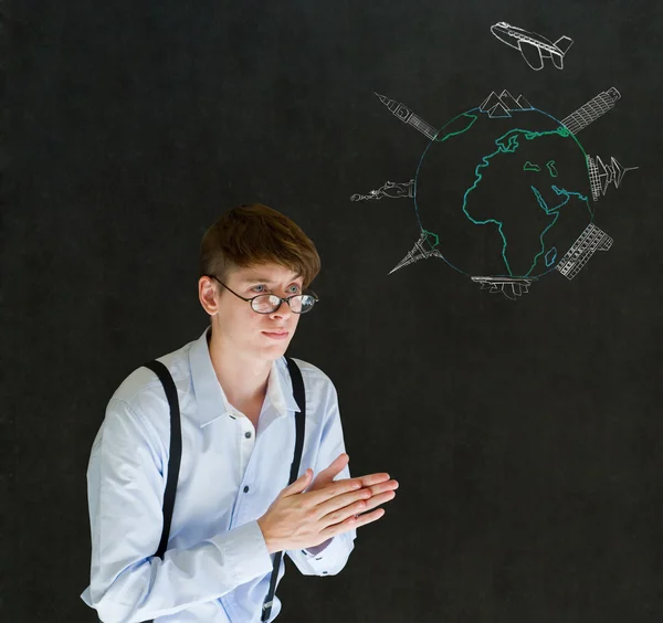 Business travel agent krita flygplan världen världen med berömda landmärken på blackboard bakgrund — Stockfoto