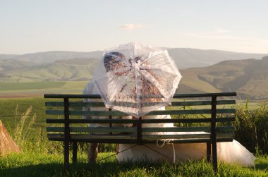 African bride and groom on bench with landscape