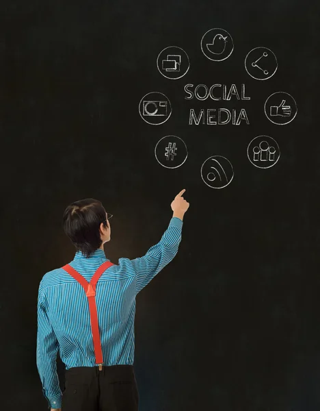 Nerd geek zakenman met social media iconen — Stockfoto