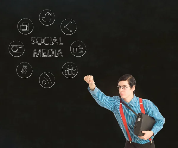 Nerd geek zakenman met social media iconen — Stockfoto