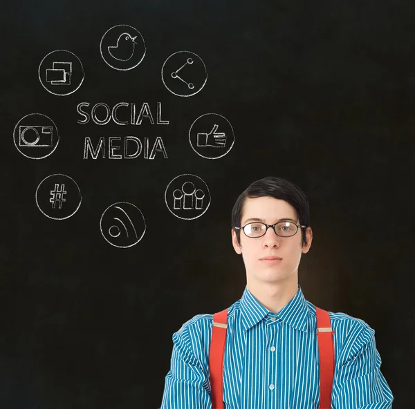 Homem de negócios nerd nerd com ícones de mídia social — Fotografia de Stock