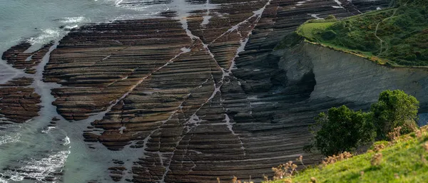 Zumaia Flysch Warstwy Geologiczne Ultraszeroki Widok Panoramiczny Kraj Basków — Zdjęcie stockowe