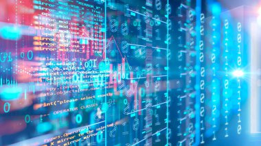 Kodlama veri kavramı, siber zincir içindeki kod çizgileri programlama, veri dönüşümü, büyük veri, yapay zeka.