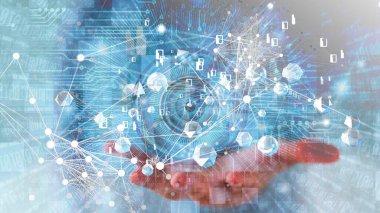 Siber uzay, bulut hesaplama ve yapay zeka konsepti içinde dijital göz bilgisayarı taşıyan insan eli.