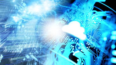 Siber uzayda bulut hesaplaması, dijital sinyaller, optik iplikler, bilgi tünelleri, yapay zeka kavramı