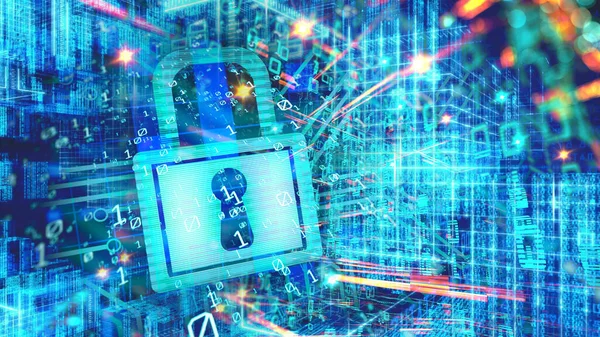 Beveiligingsslot Cyberketen Beveiliging Van Gegevensverwerking Gegevenstransformatie Futuristische Big Data Blockchaintechnologie — Stockfoto