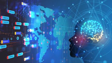 Robot beyin programlama kodları siber uzay, veri hesaplama, kodlama, yapay zeka konsepti