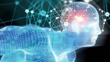 Dijital bir robot veriye odaklanıyor ve beynini analiz ediyor, veri hesaplaması, veri analizi kavramı