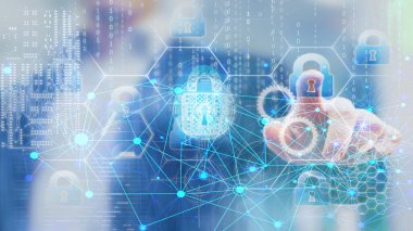 İnsan eli güvenliği, güvenlik kilidini seçerken siber uzayda veri akışı, siber güvenlik kavramı