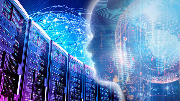 Robot mind calculating in cyberspace, blockchain, artificial intelligence concept