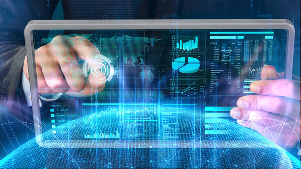 Business hands computing data on iPad, innovation, logistics, smart system concept