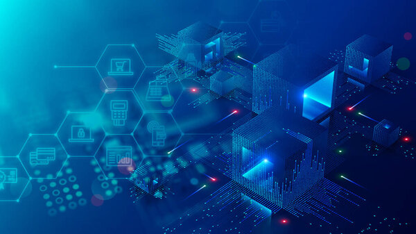 Blockchain cubes connecting data, internet icons, connectivity concept