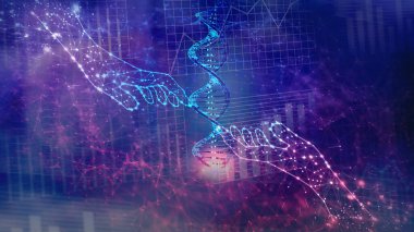 Siber uzayda veri zincirine, veri analizine, bağlantı konseptine dokunmaya çalışan gelecekçi eller