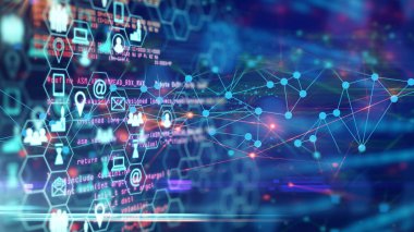 Teknoloji simgeleri, programlama kodlarıyla veri aktarımı, yapay zeka kavramı