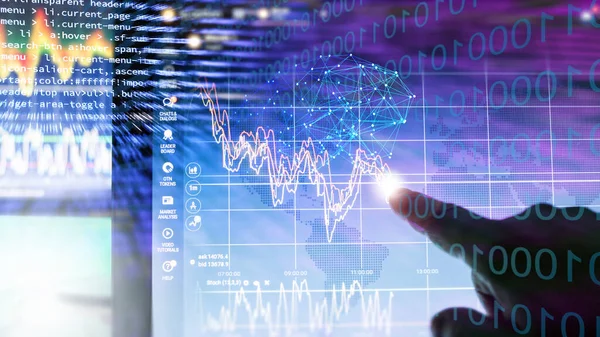 Vinger Verwijzend Naar Scherm Met Marktanalyse Data Analyse Business Technologie — Stockfoto