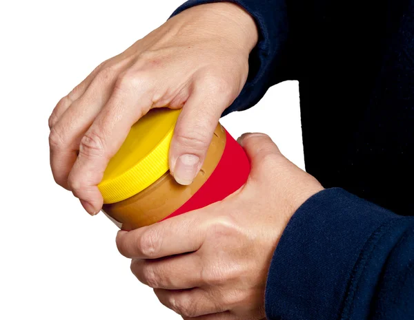 A Horizontal Shot of A Woman Trying To Open A Jar — Stock Photo, Image