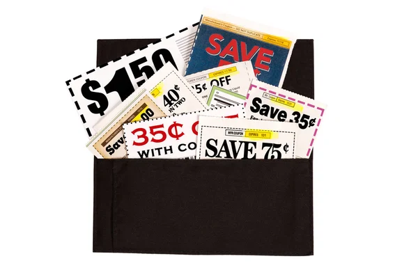Dark Brown Cloth Wallet Full of Coupons — Stock Photo, Image