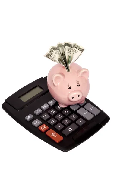 Calculator With Piggy Bank and Money — Stock Photo, Image