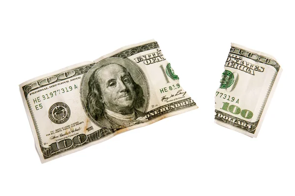 Un desgastado desgastado Cien dólares Bill aislado XXXL — Foto de Stock
