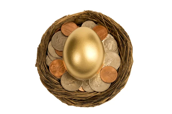 Strzał głową złote jajko ustanawiające w gnieździe monet — Zdjęcie stockowe