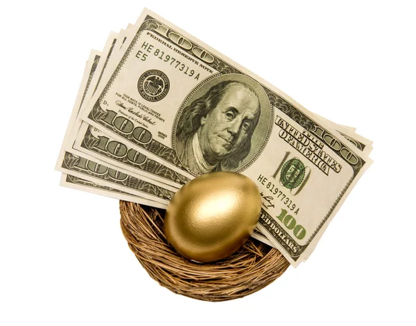 Золотое яйцо и деньги в гнезде изолированы — стоковое фото