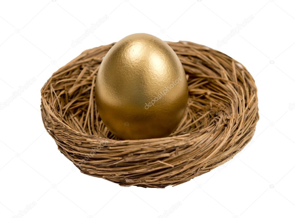 Golden Egg In Nest Isolated On White