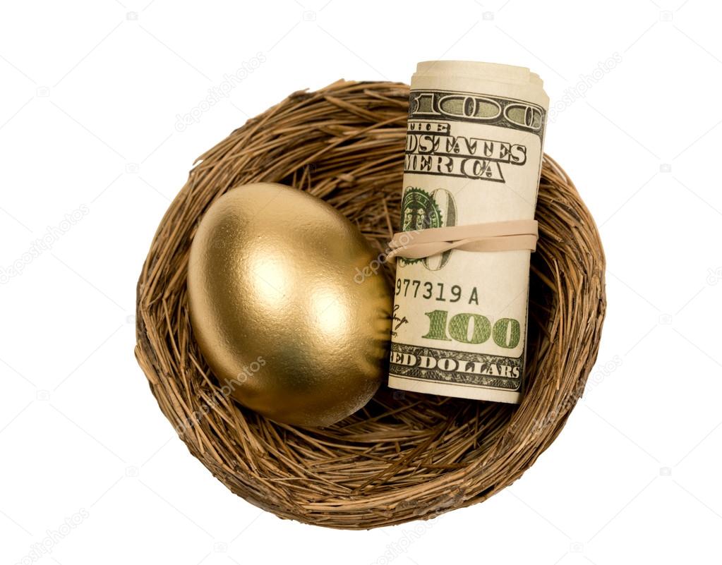 Golden Egg With Roll Of Money In Nest Isolated