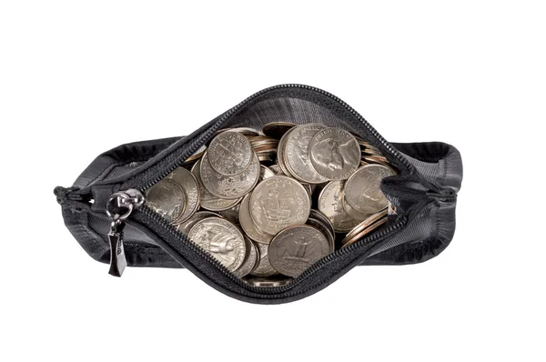 Munt portemonnee vol munten geïsoleerd — Stockfoto