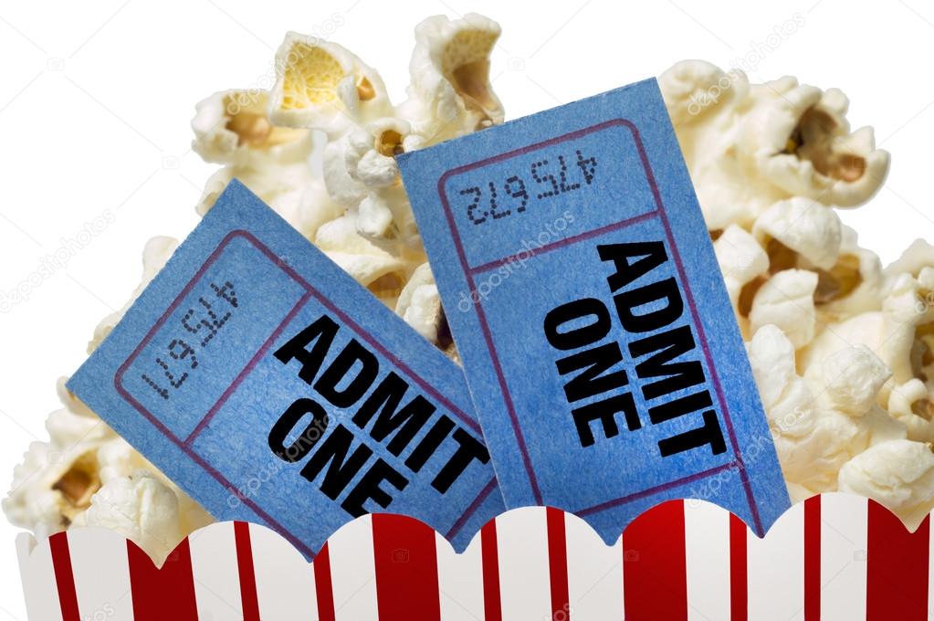 Popcorn With Blue Movie Tickets Close Up