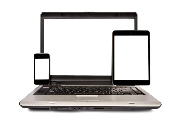 Mobiele telefoon, laptop en digitale tablet Rechtenvrije Stockfoto's