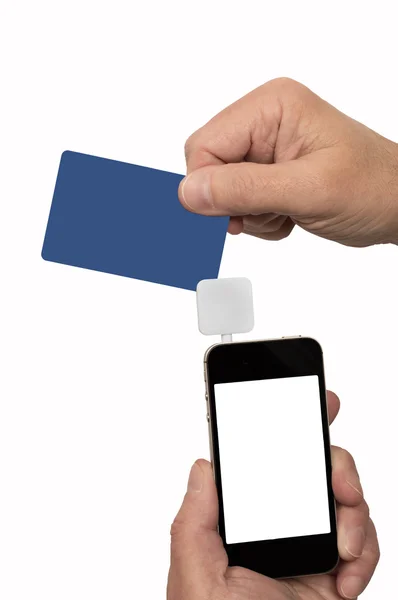 Man Swiping Credit Card At Angle Through Card Reader — Stock Photo, Image