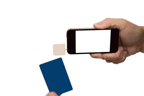 Mobiele telefoon met credit card reader geïsoleerd — Stockfoto