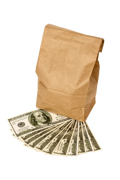 Money With Brown Lunch Bag Isolated — Stock Photo, Image