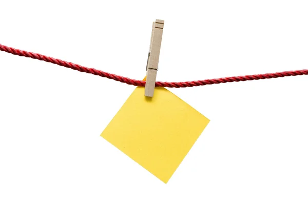 Bright Yellow Blank Post It Note Hanging With Clothespin — Stock Photo, Image