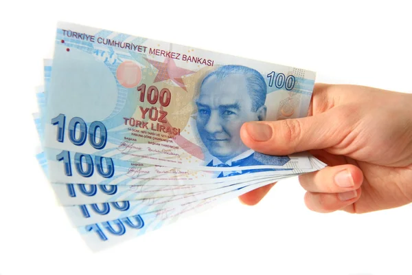 Frau hält türkische Lira — Stockfoto