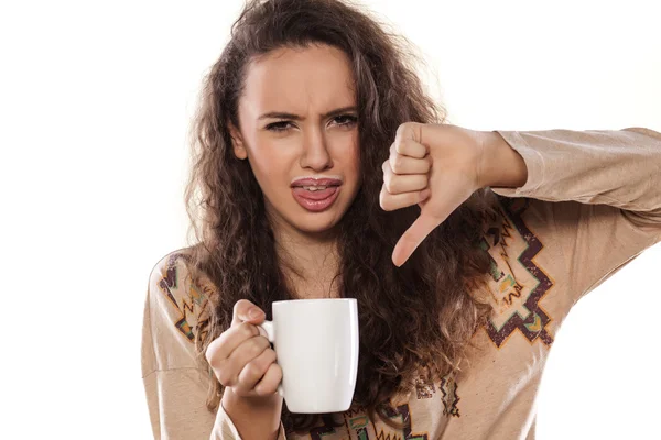 Cup of milk and thumb down — Stock Photo, Image